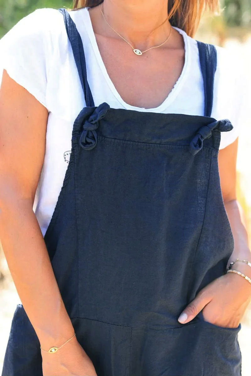 Navy Blue Cotton and Linen Flowing Overalls