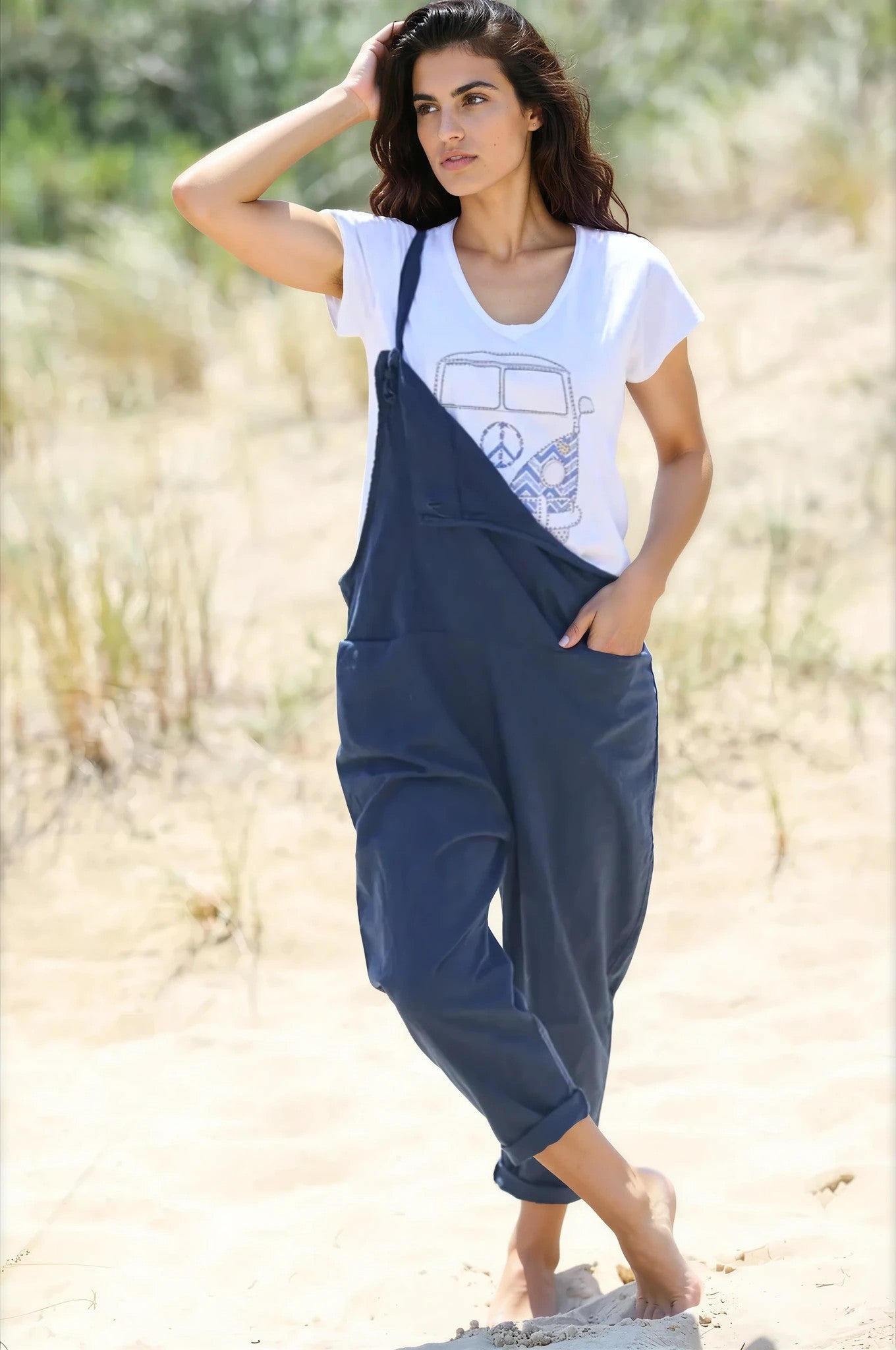 Salopette fluide bleu marine mi coton mi lin bretelles nœuds