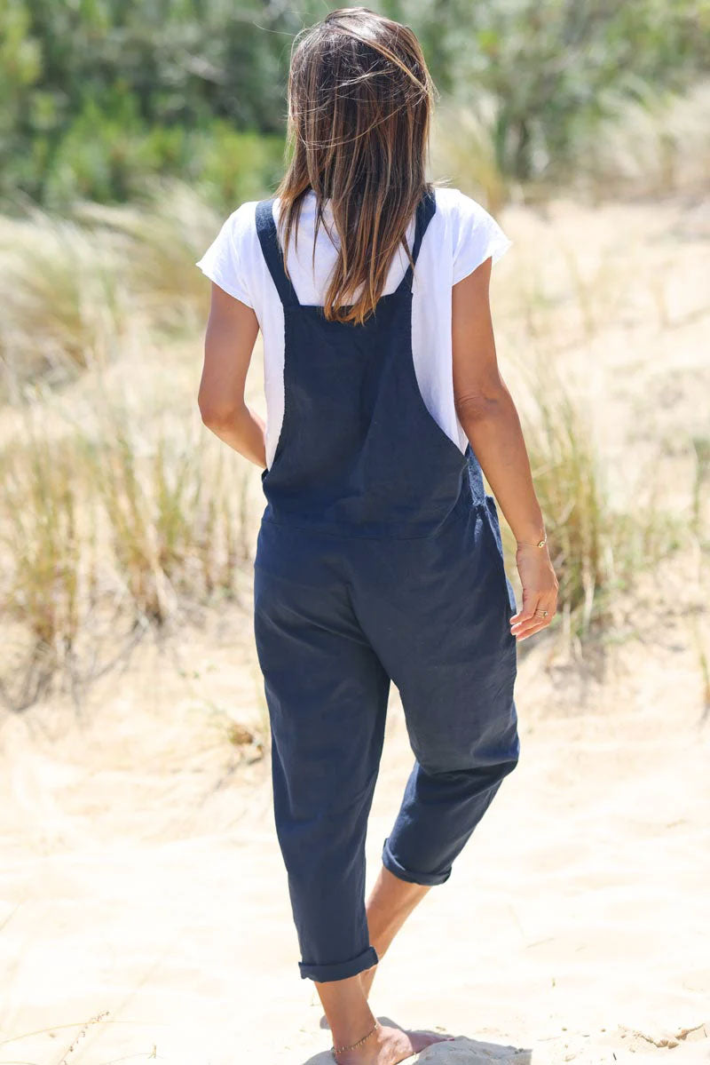 Navy Blue Cotton and Linen Flowing Overalls