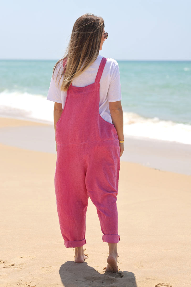 Hot Pink Cotton and Linen Flowing Overalls