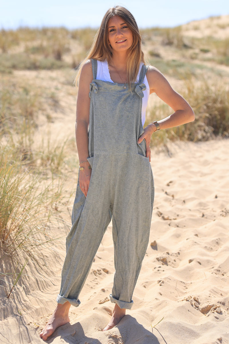 Olive Cotton and Llinen Flowing Overalls