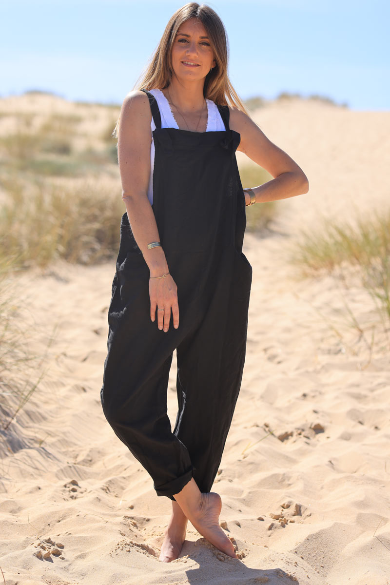 Black Cotton and Linen Flowing Overalls