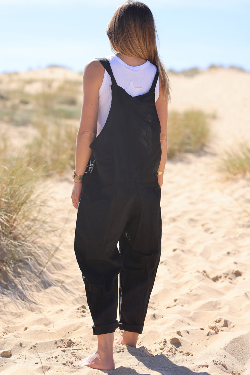 Black Cotton and Linen Flowing Overalls
