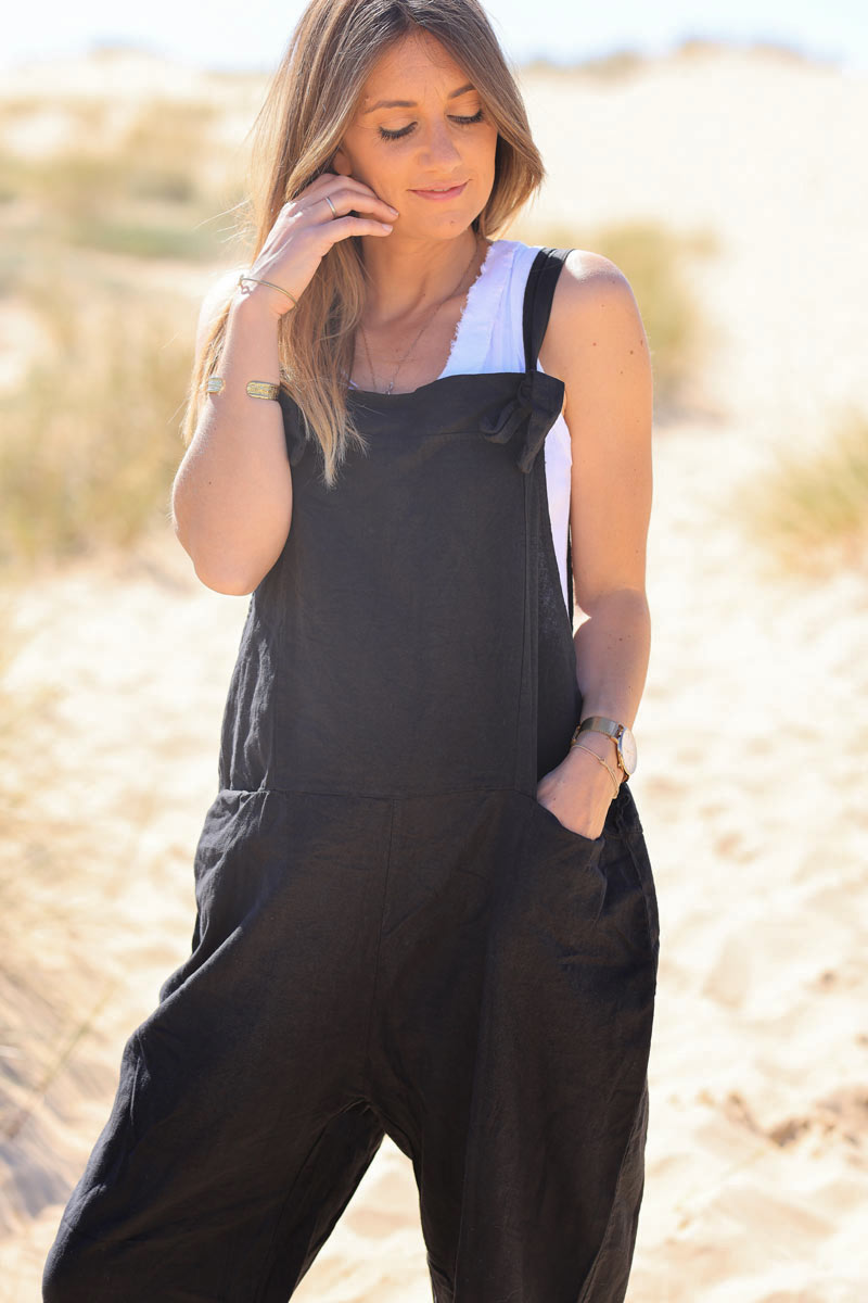 Black Cotton and Linen Flowing Overalls