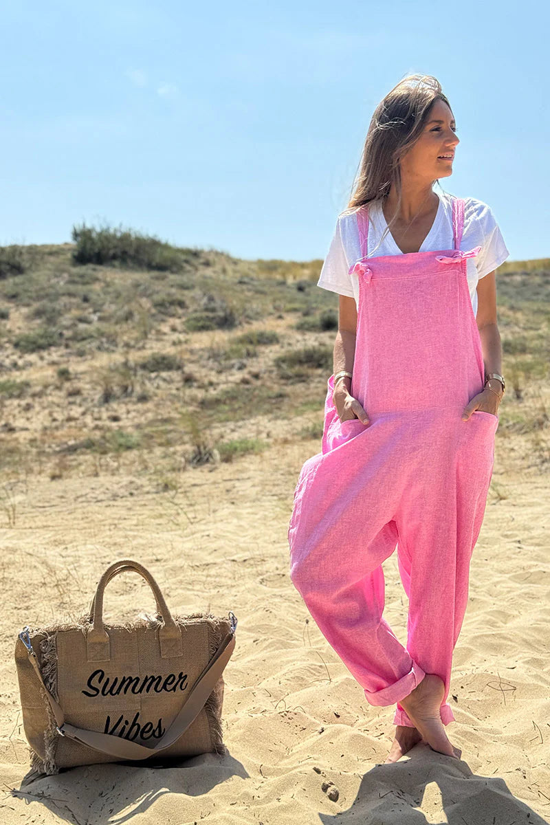Pink cotton and linen flowing overalls
