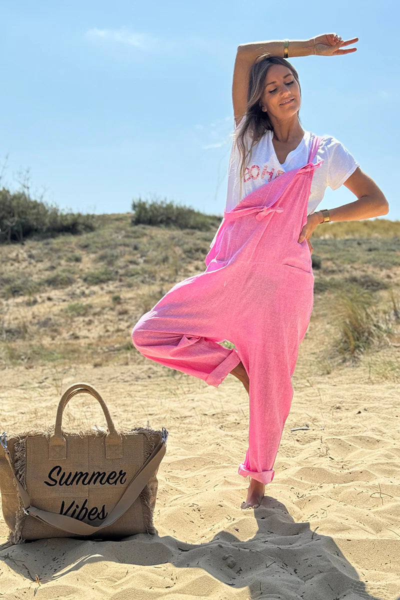 Pink cotton and linen flowing overalls
