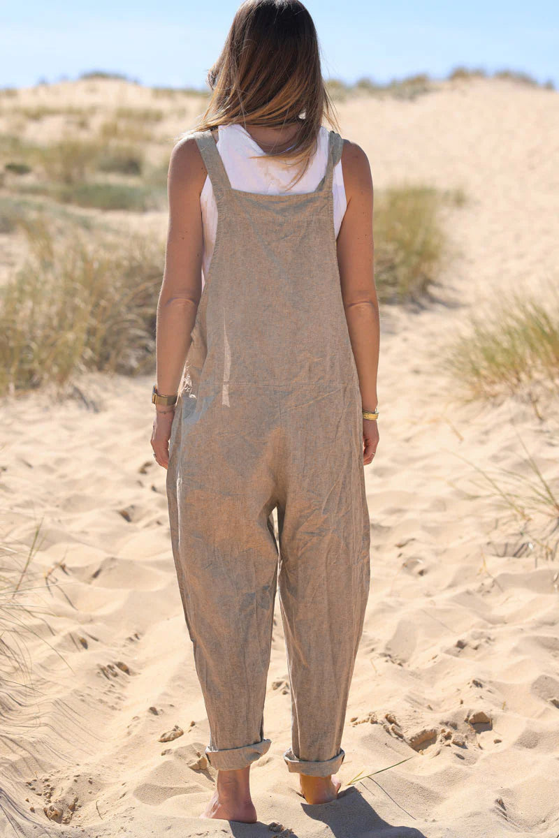 Salopette fluide taupe en coton et lin avec bretelles à noeuds