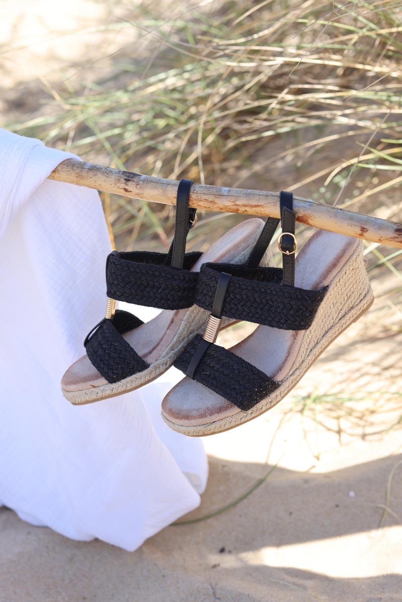 Sandales a talon compensees brides corde noire H022 (1)