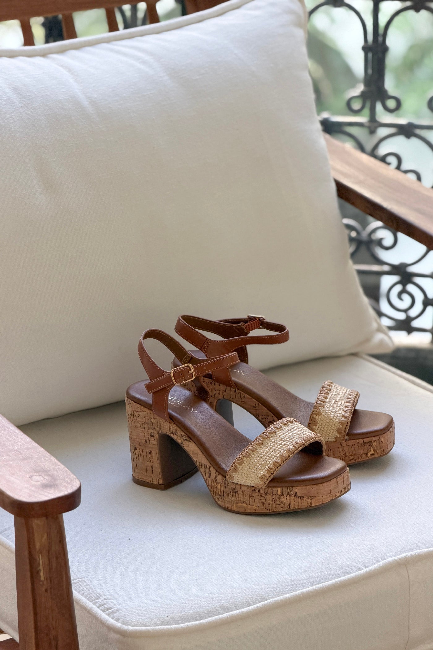 Cream Raffia Strap Cork-Wrapped Platform Sandals