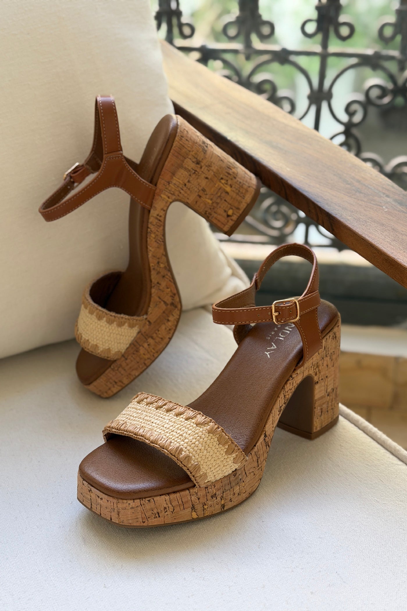 Cream Raffia Strap Cork-Wrapped Platform Sandals
