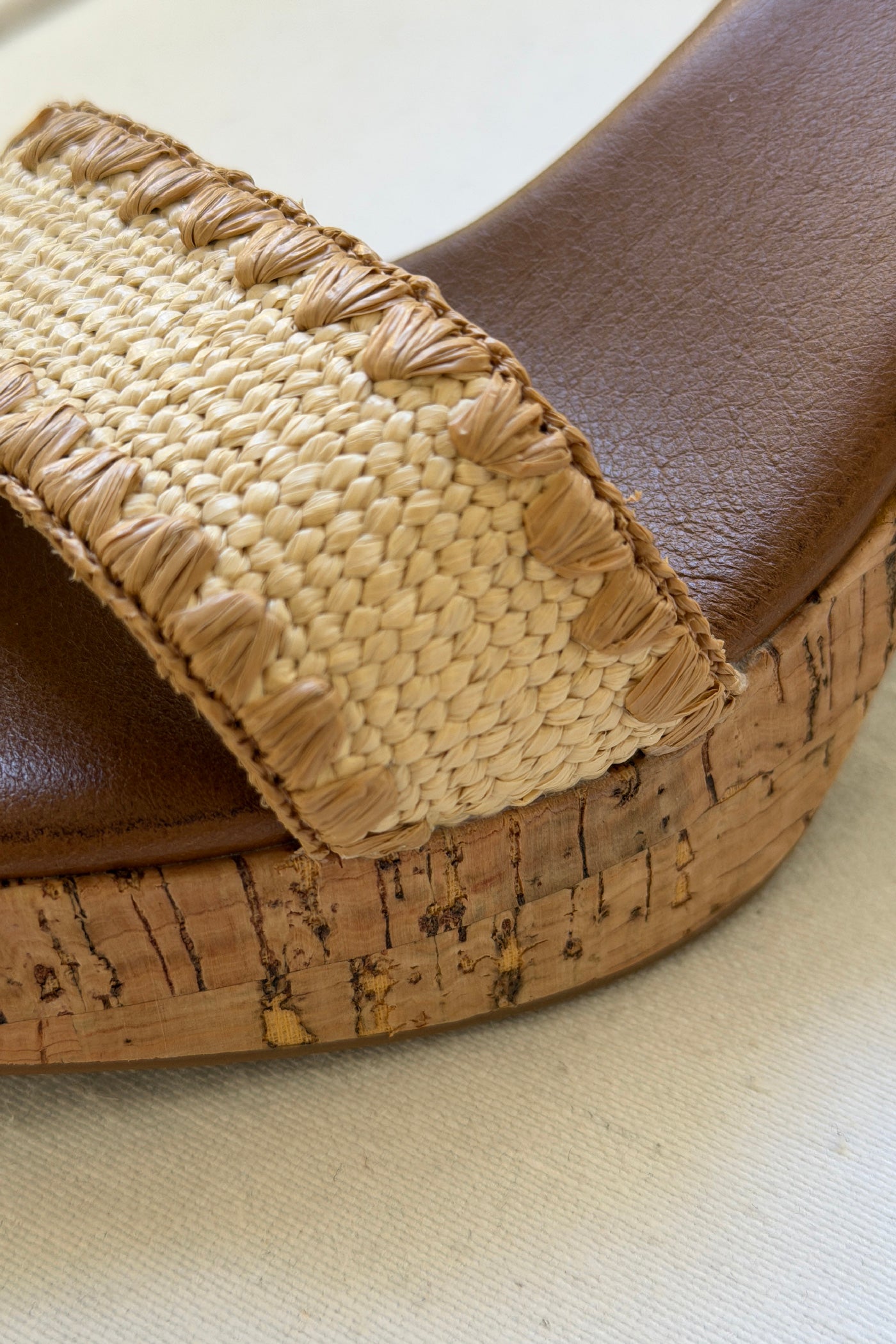 Cream Raffia Strap Cork-Wrapped Platform Sandals