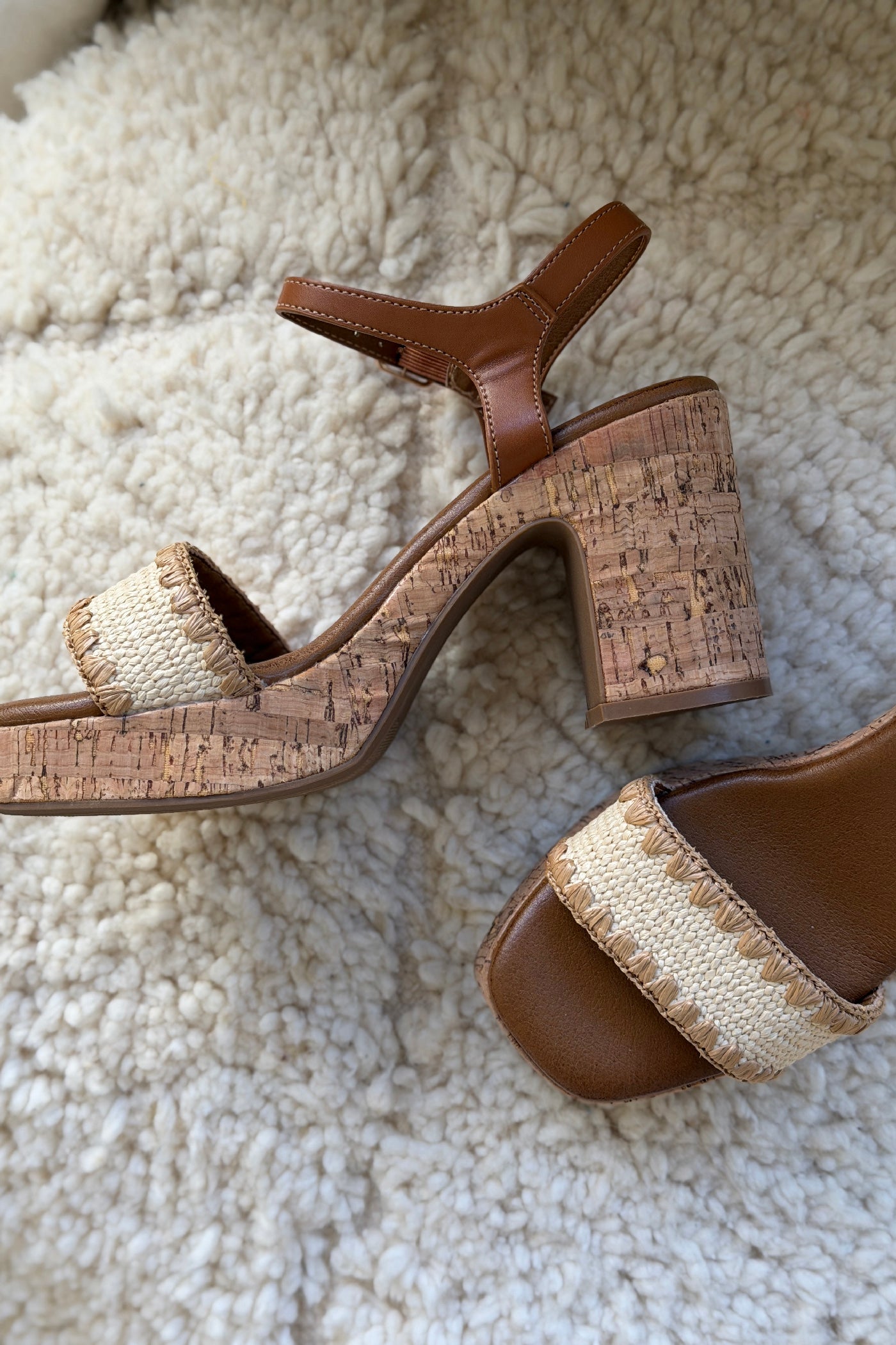 Cream Raffia Strap Cork-Wrapped Platform Sandals
