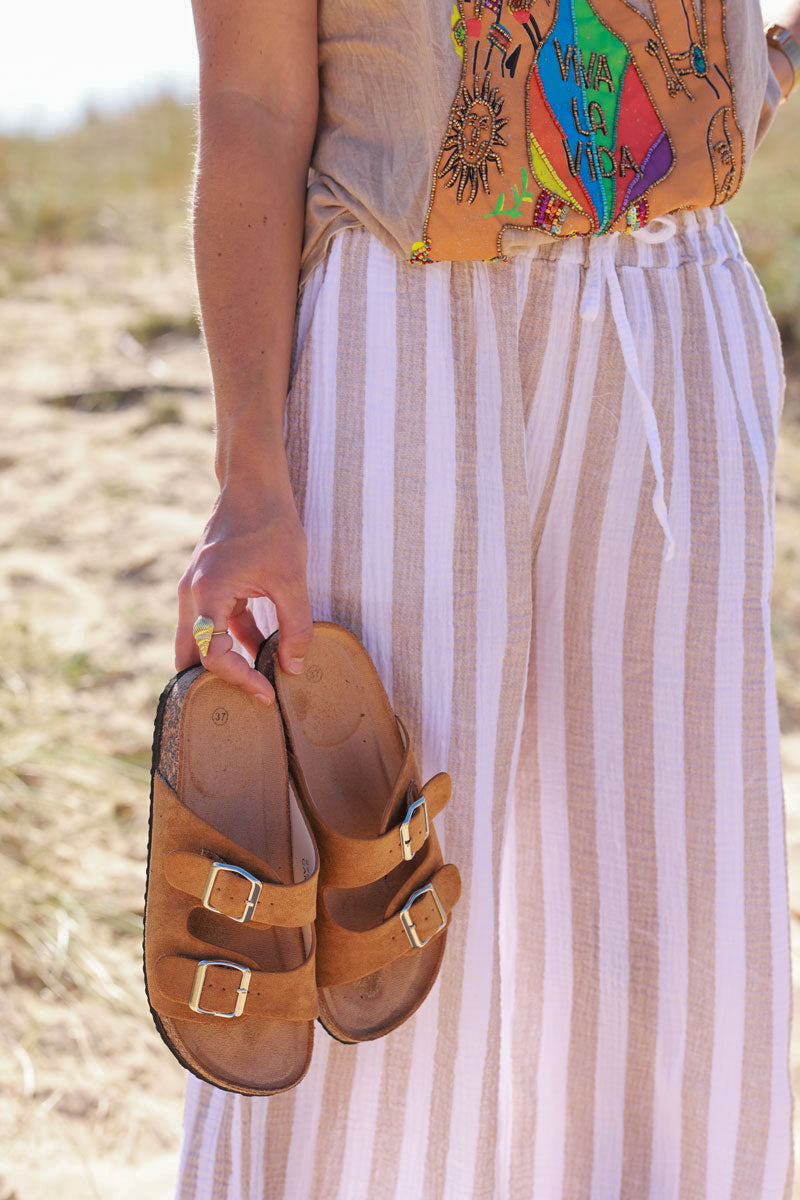 Sandales camel forme du pied en suédine double boucles réglables