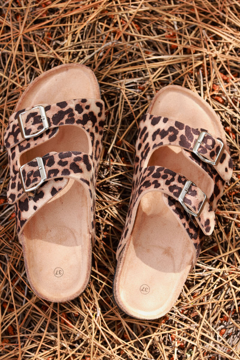 Leopard Buckle Strap Slip-On Sandals