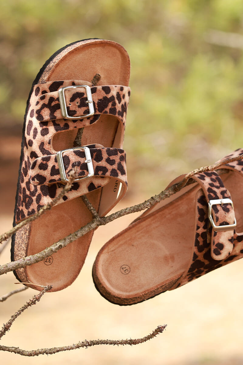 Leopard Buckle Strap Slip-On Sandals