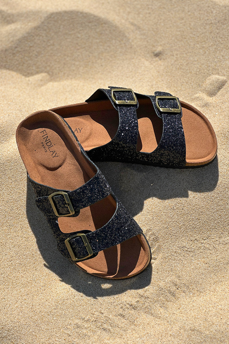 Sandales double brides à paillettes noires semelle forme du pied