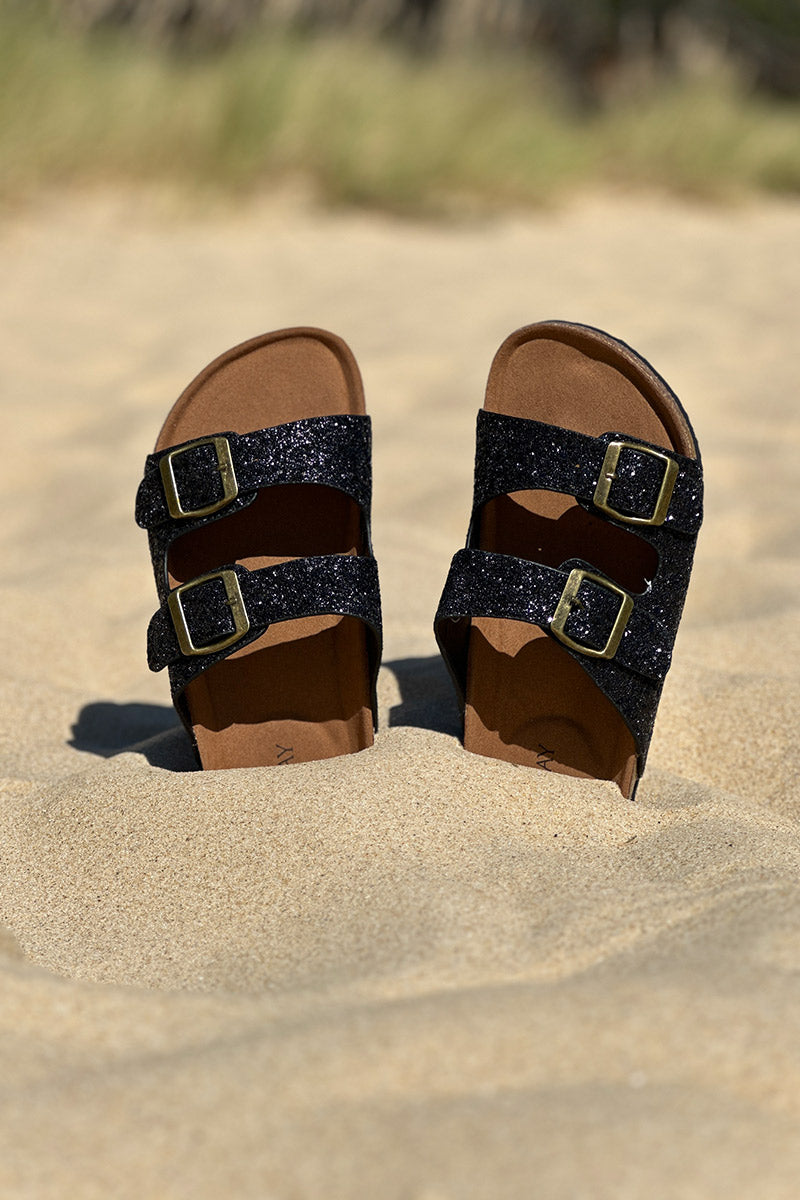 Sandales double brides à paillettes noires semelle forme du pied