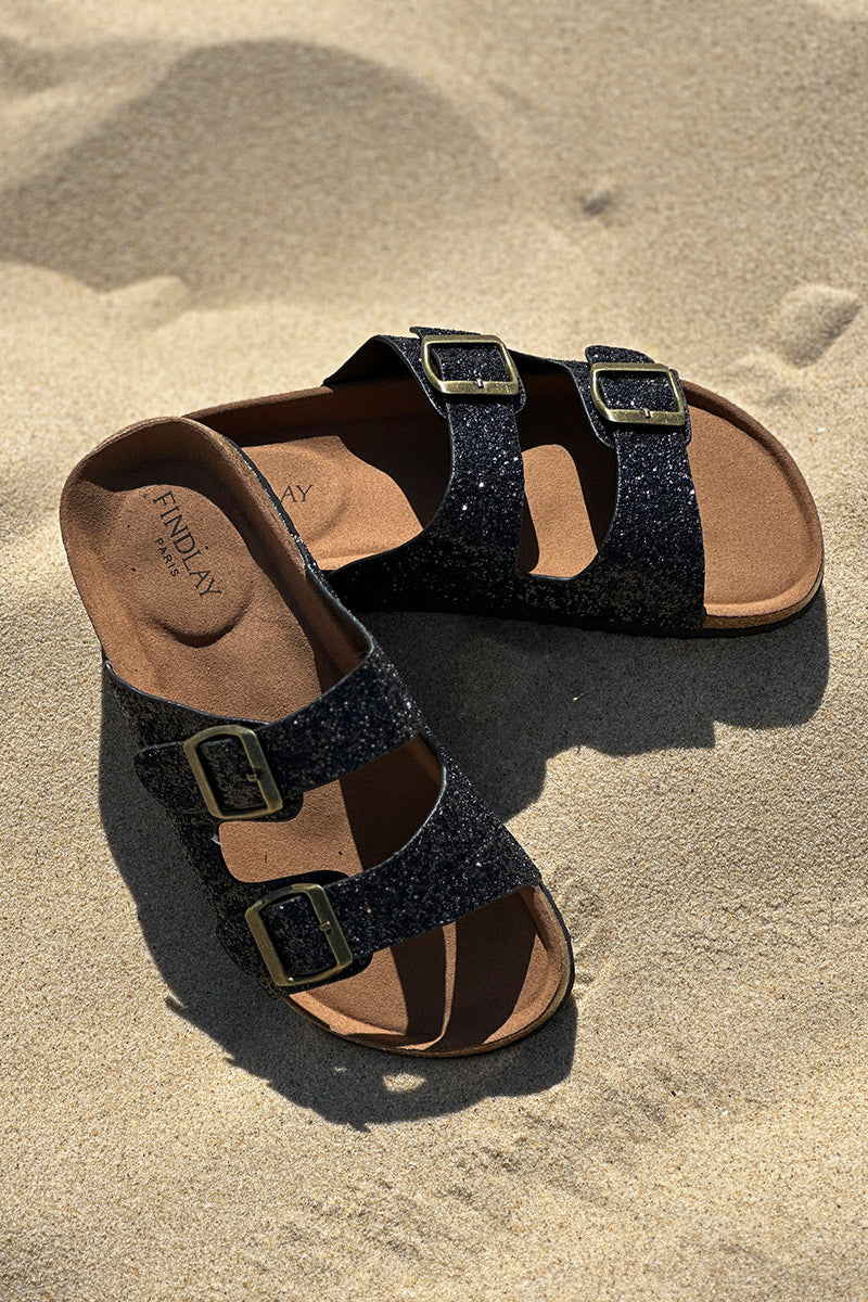 Sandales double brides à paillettes noires semelle forme du pied