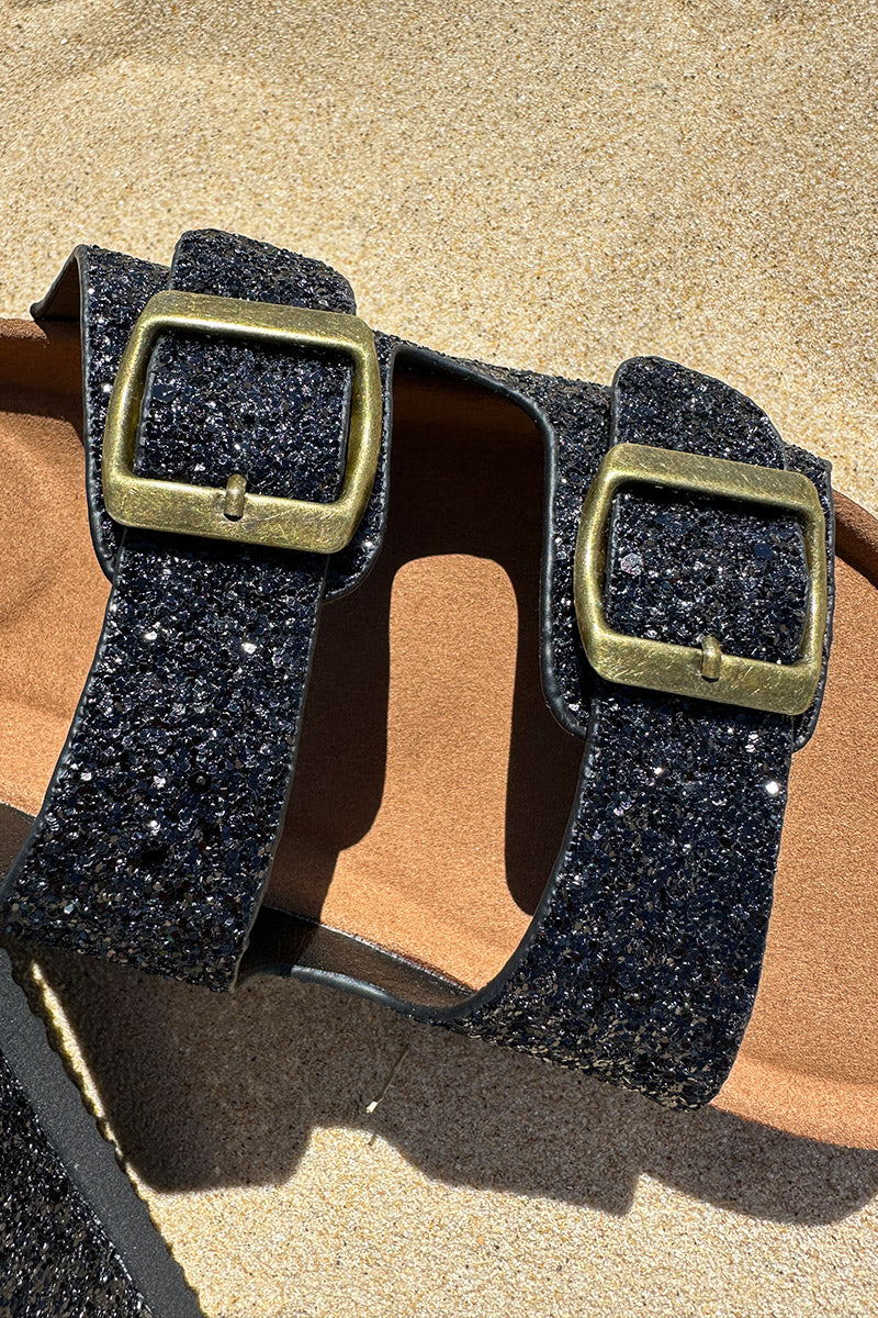 Sandales double brides à paillettes noires semelle forme du pied