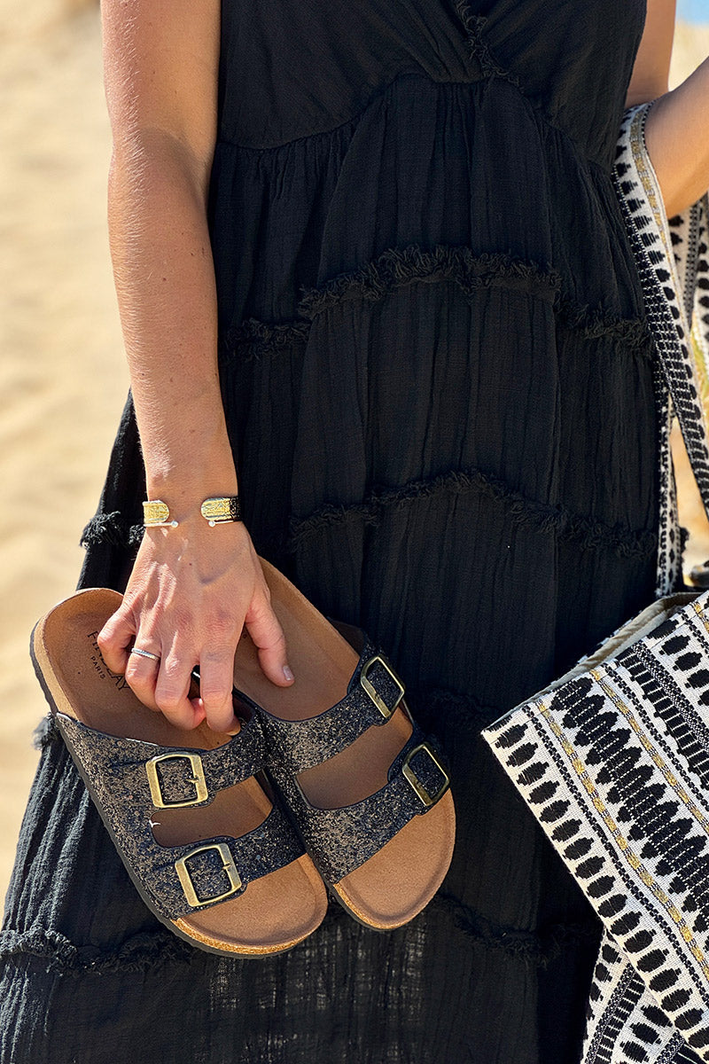 Sandales double brides à paillettes noires semelle forme du pied