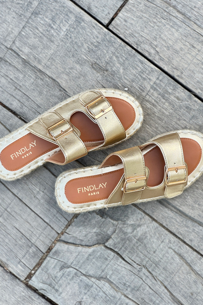 Gold Double Buckle Espadrille Slides