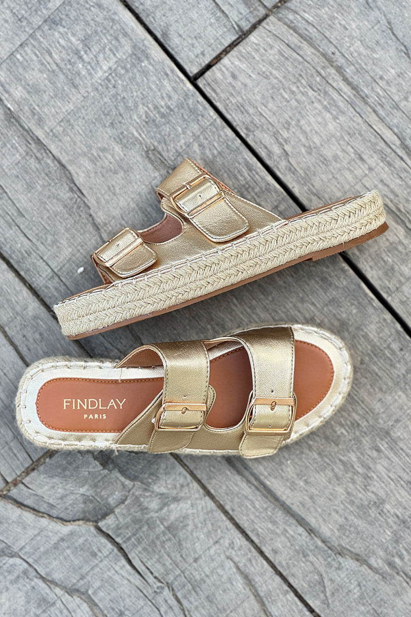 Gold Double Buckle Espadrille Slides
