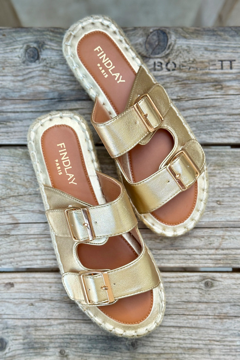 Gold Double Buckle Espadrille Slides