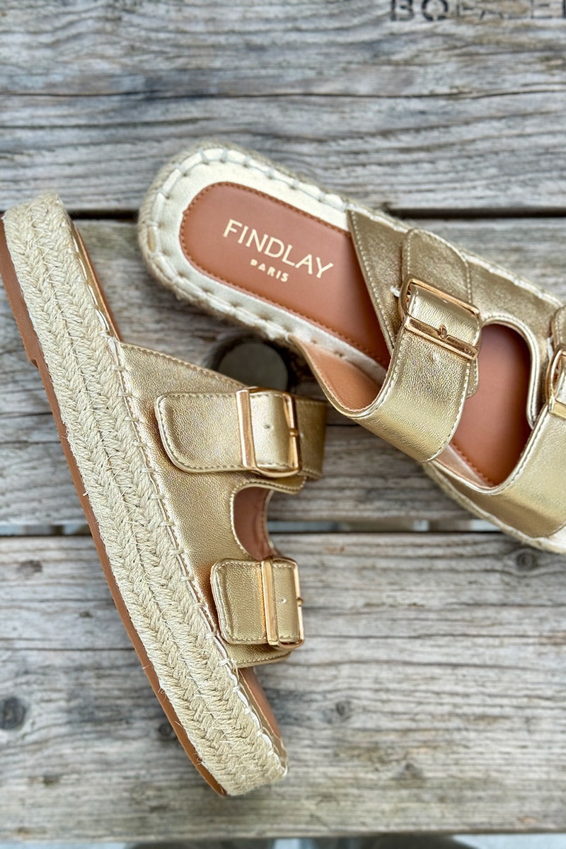 Gold Double Buckle Espadrille Slides