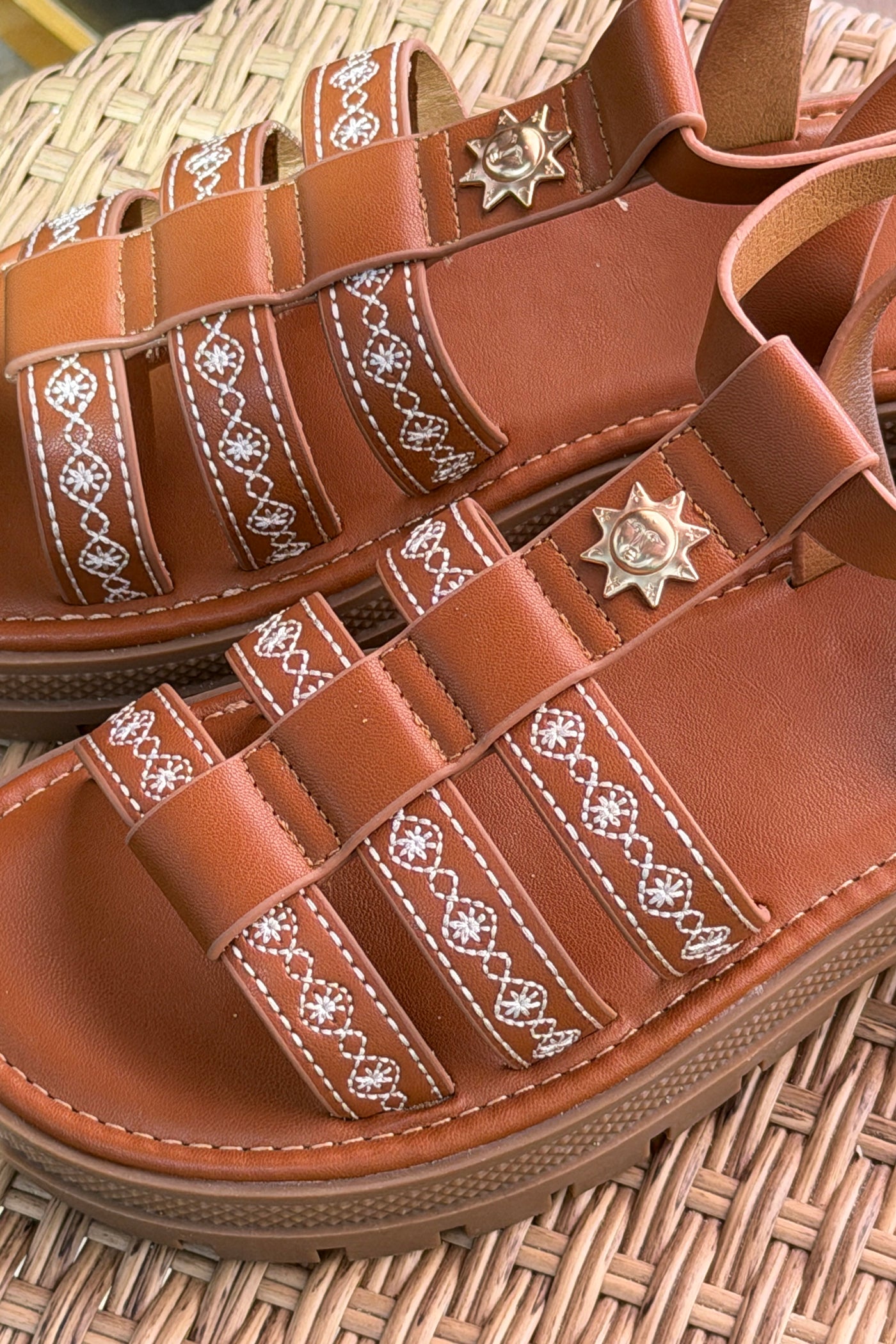 Sandales en simili cuir camel détail broderie blanche pins soleil semelle crantée