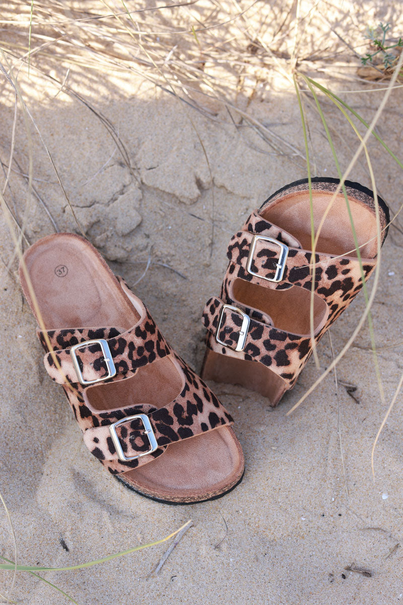 Leopard Buckle Strap Slip-On Sandals