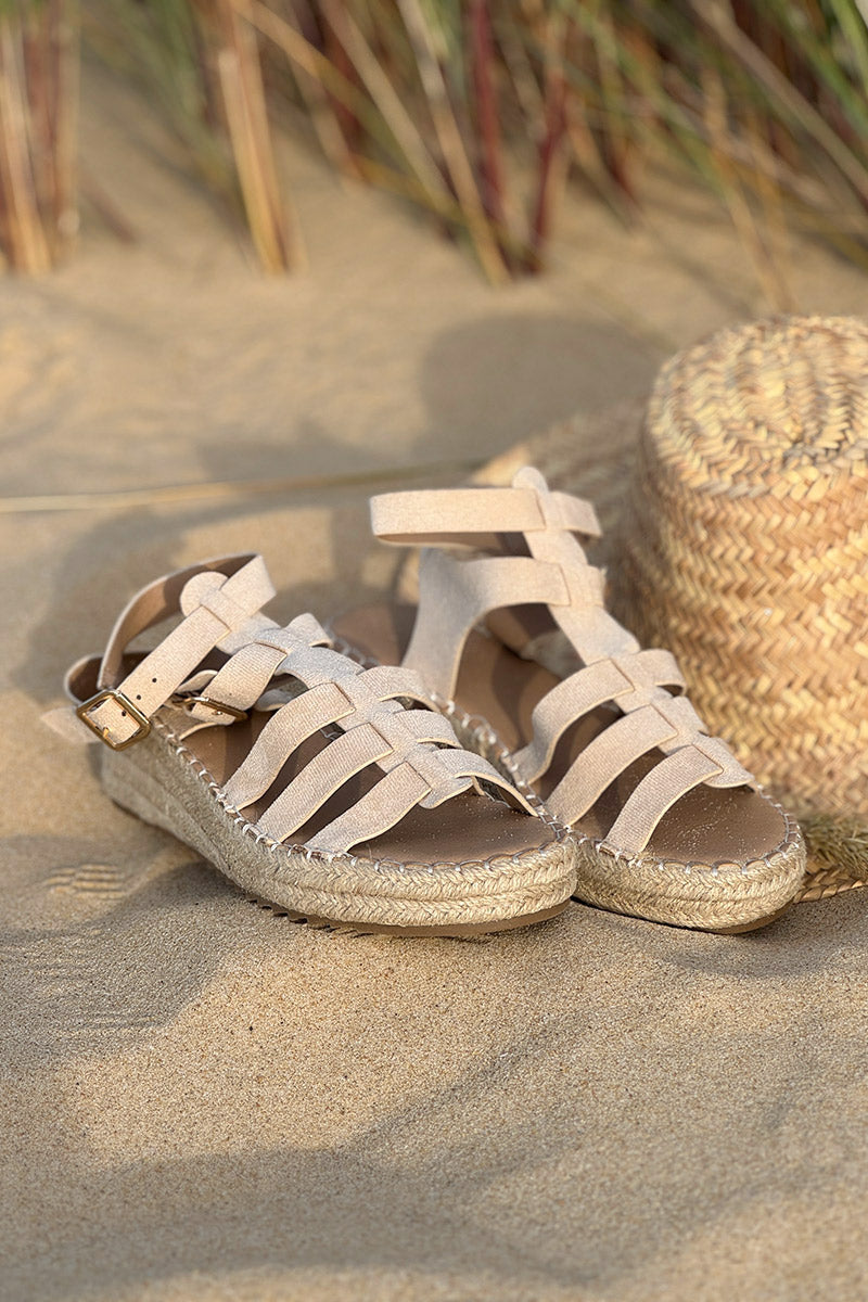 Sandales plateforme compensée en corde brides beige en suédine