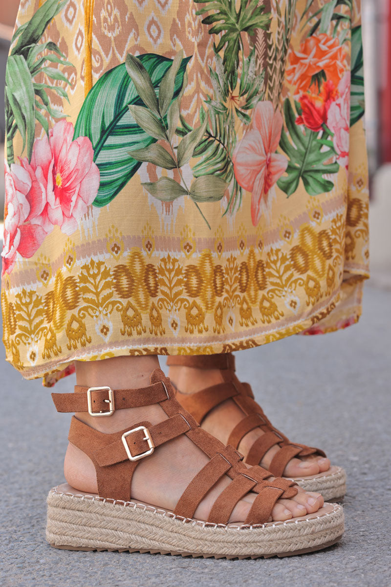 Camel Gladiator Sueded Platform Espadrilles