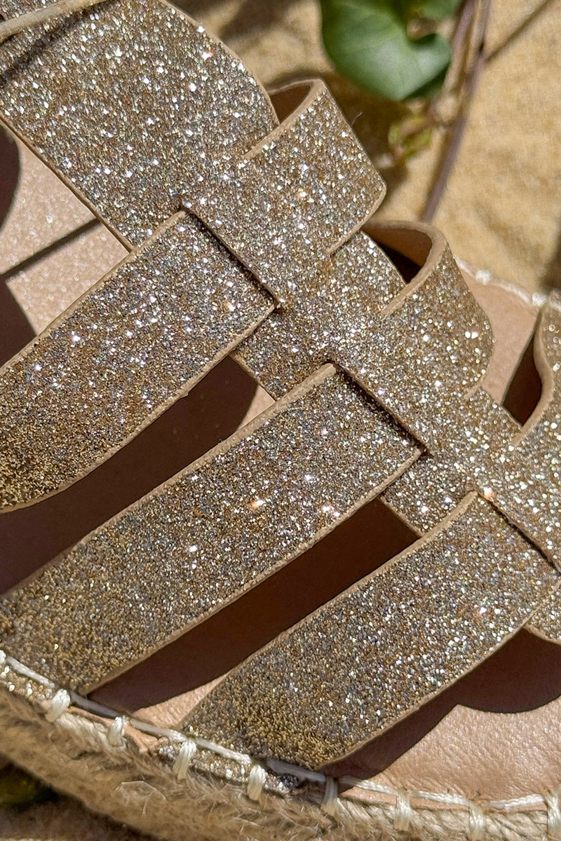 Sandales plateforme compensée en corde brides dorées