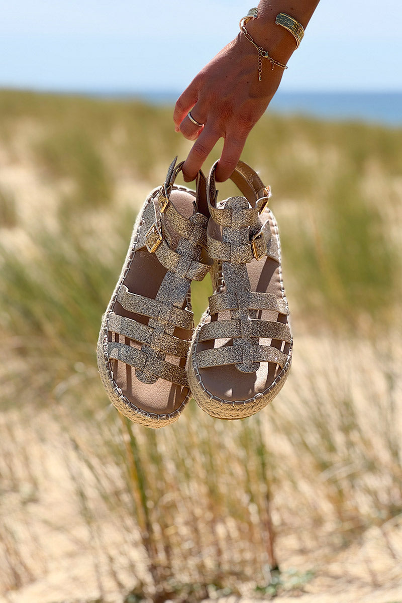 Sandales plateforme compensée en corde brides dorées