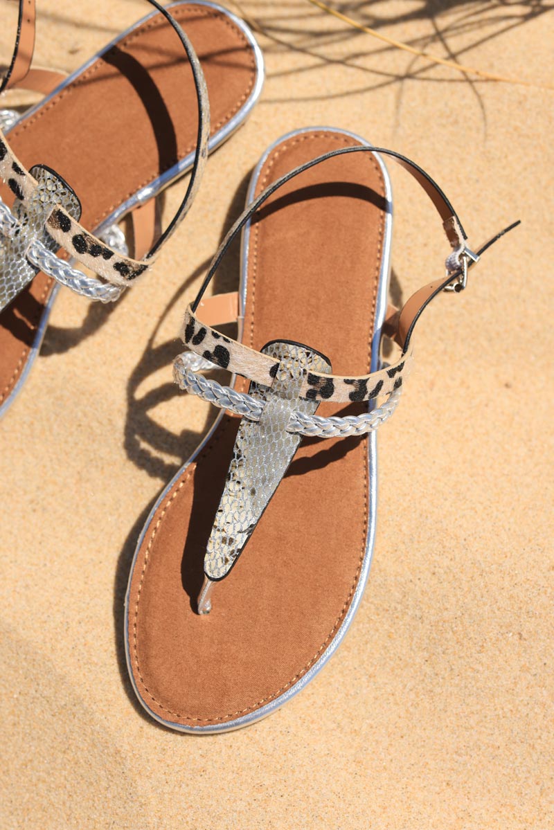 Strappy Sandals with Silver Python and Leopard Print Horizons Lointains