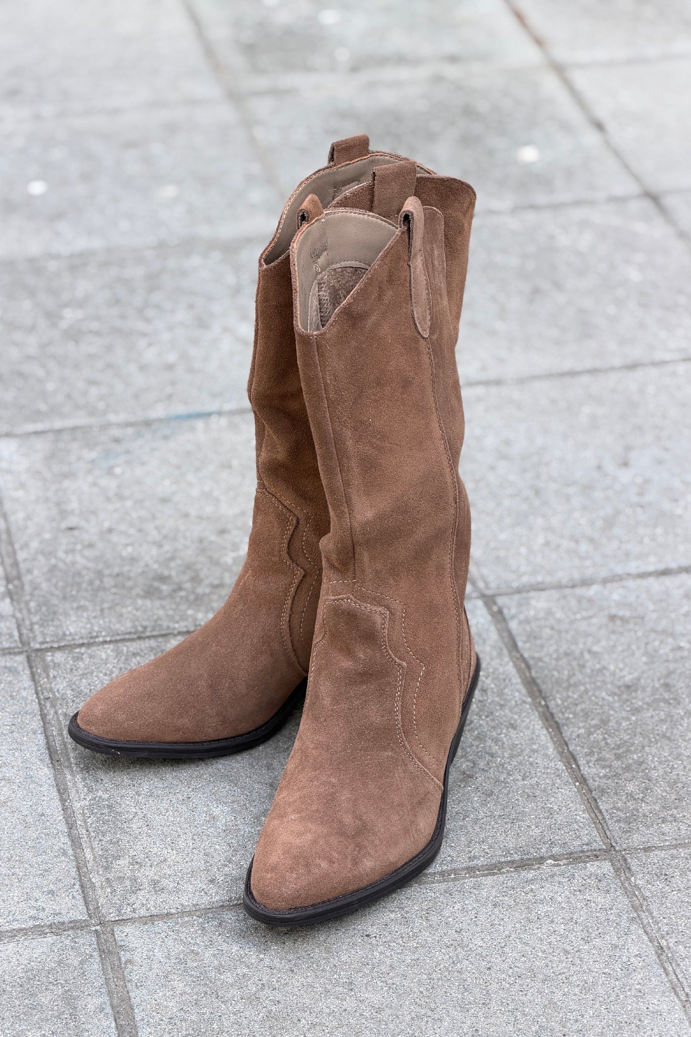 Santiags en cuir taupe avec détails brodés, talons et zip