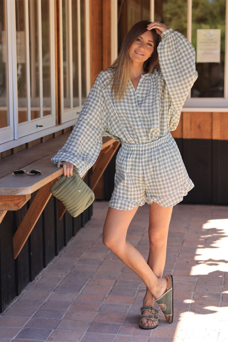 White frill cotton gauze short with khaki vichy print