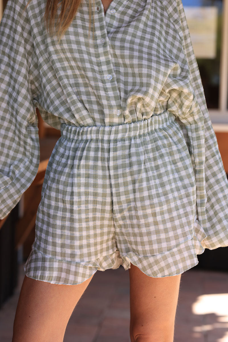 White frill cotton gauze short with khaki vichy print