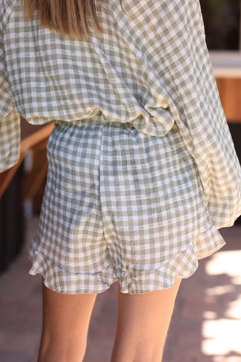 White frill cotton gauze short with khaki vichy print
