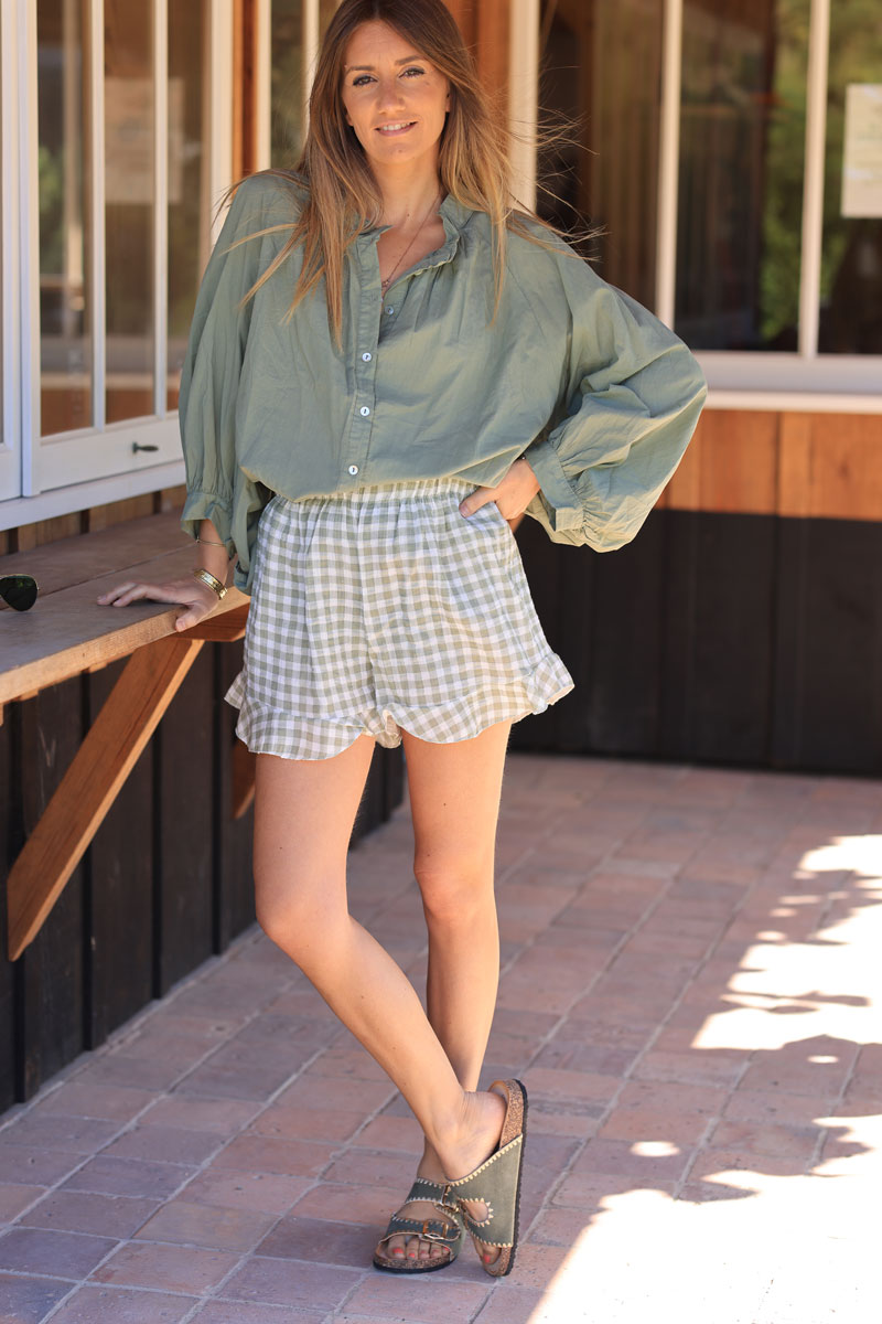 White frill cotton gauze short with khaki vichy print