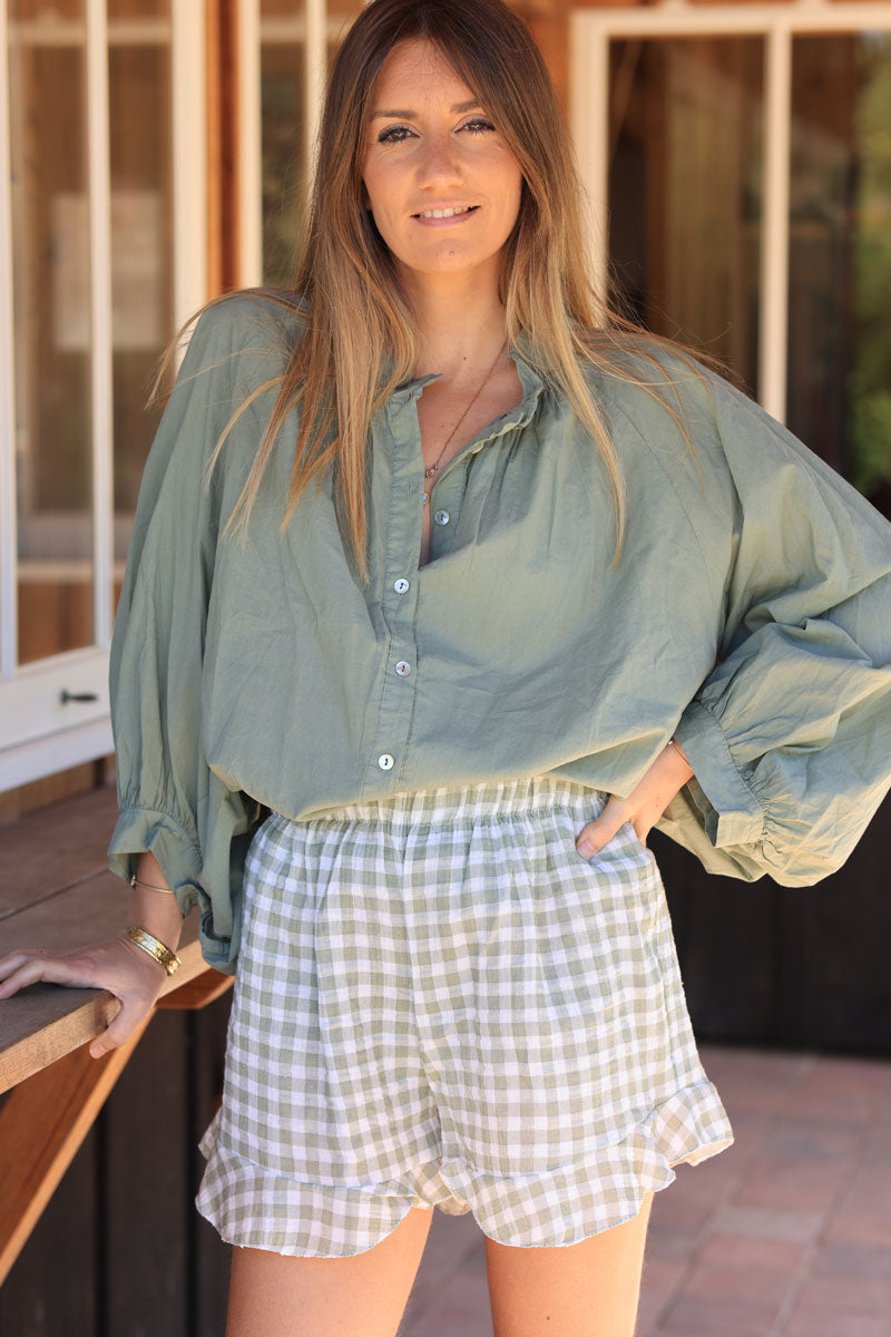 White frill cotton gauze short with khaki vichy print