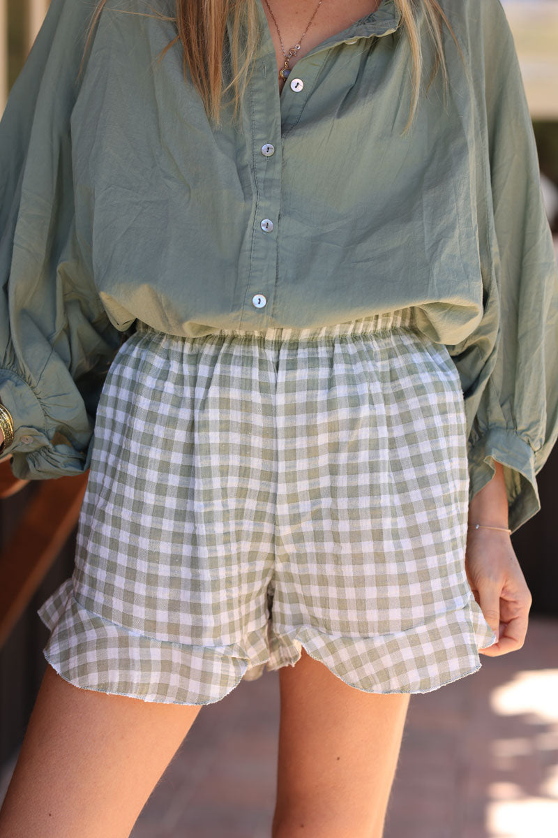 White frill cotton gauze short with khaki vichy print