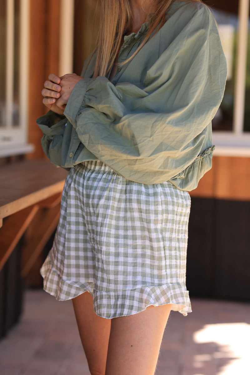 White frill cotton gauze short with khaki vichy print