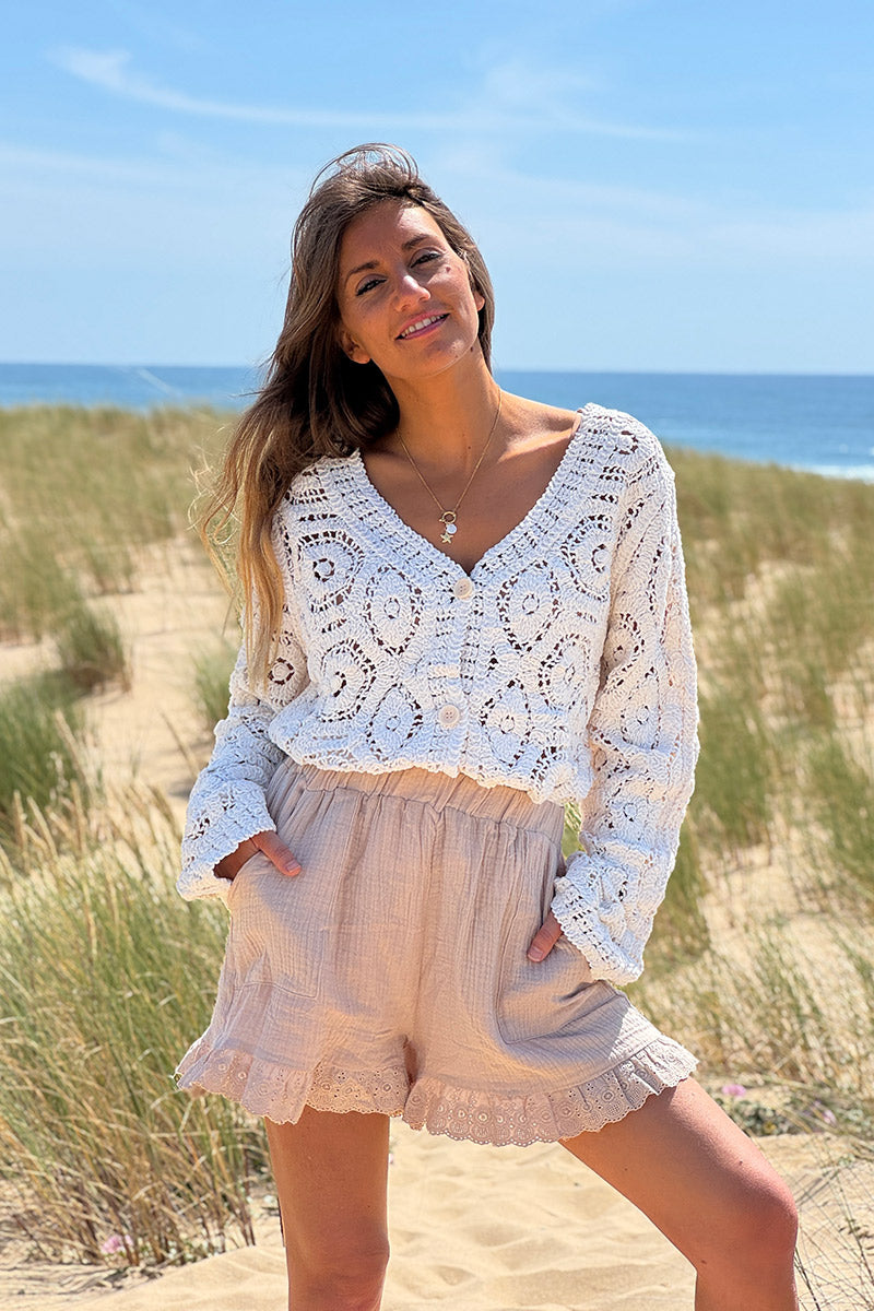 Beige Gauze Lace Trim Shorts