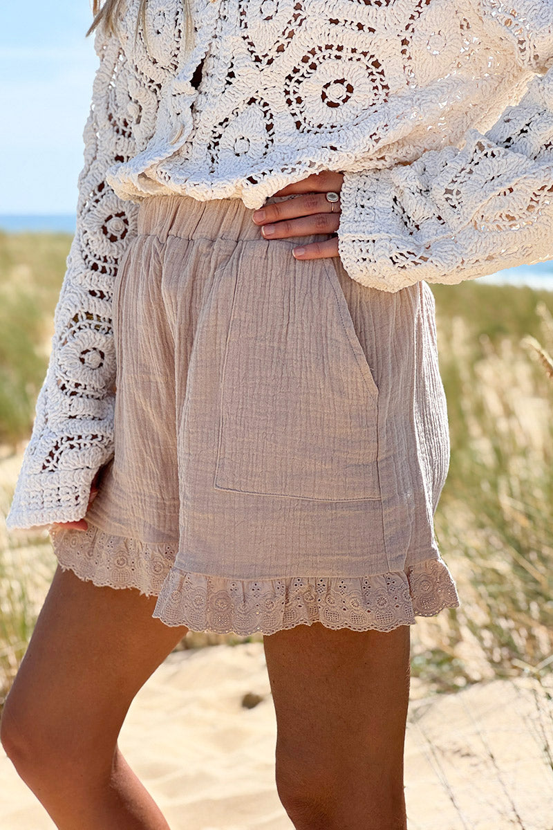 Beige Gauze Lace Trim Shorts