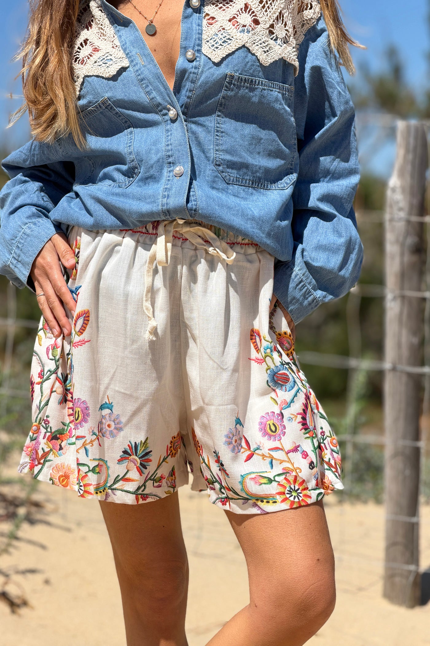 Beige Embroidered Folk Garden Pull-On Shorts