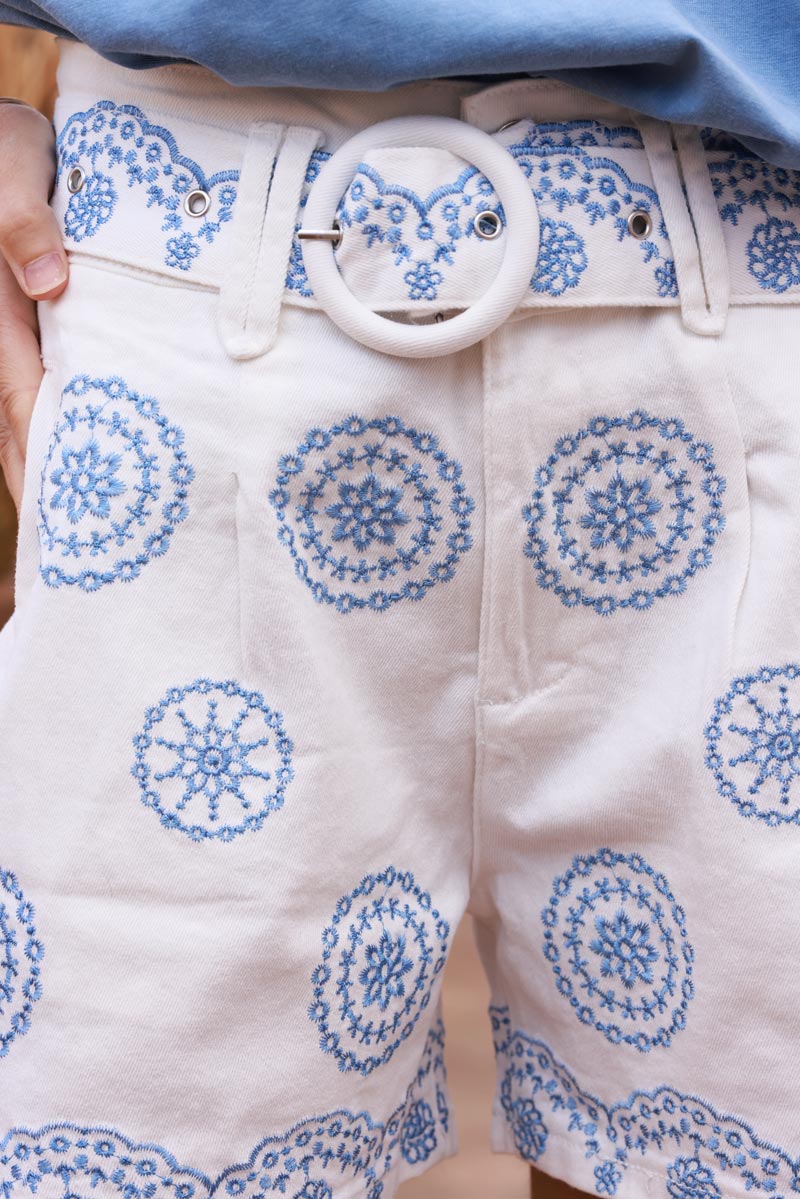 White Embroidered Blue Mandela Belted Shorts