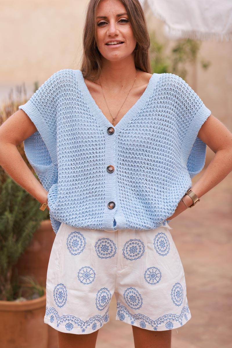 White Embroidered Blue Mandela Belted Shorts