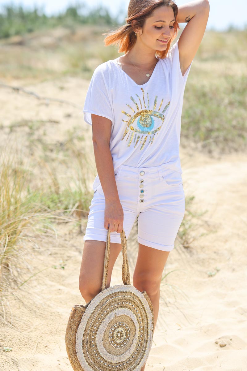 Short blanc en toile boutons fantaisie pierre turquoise g068 (1)