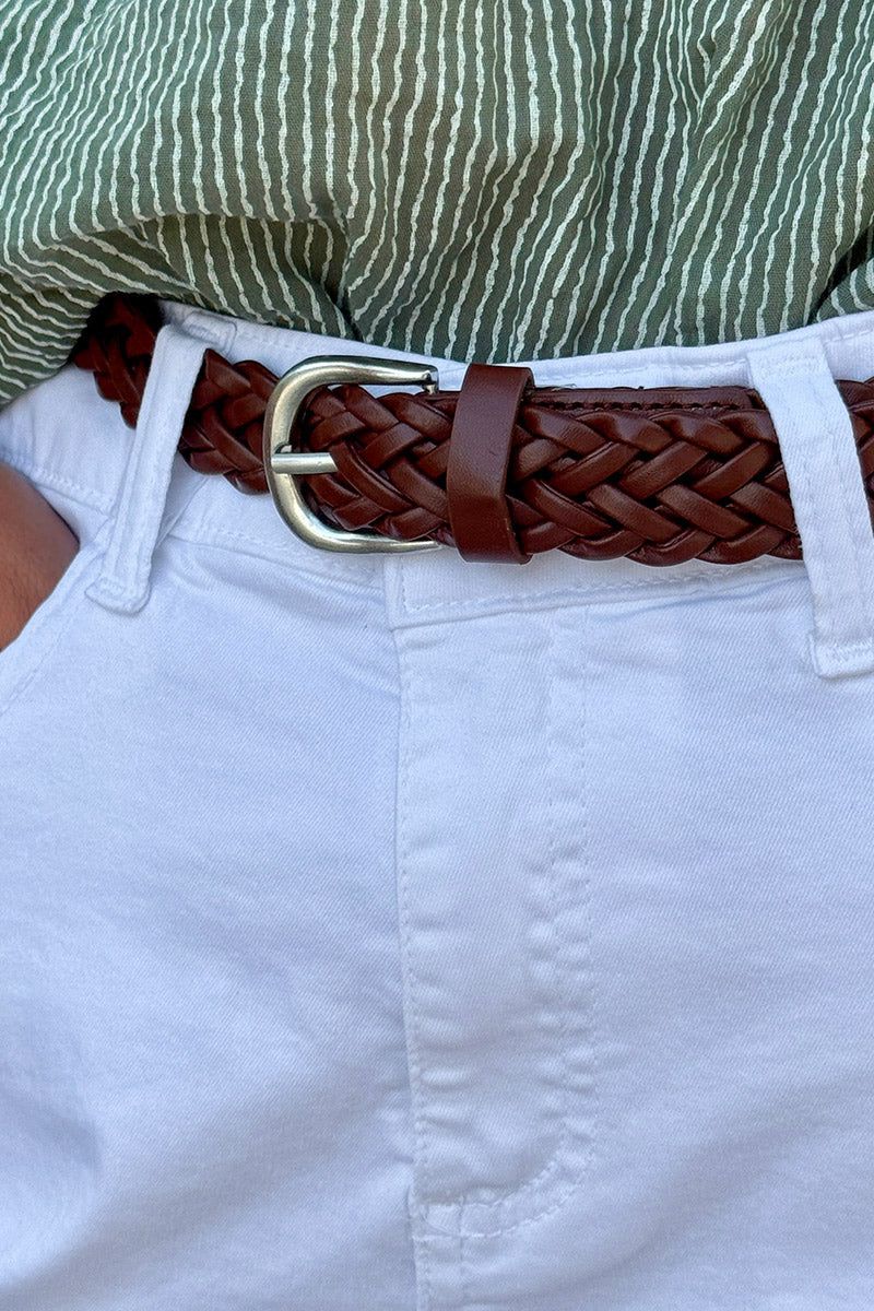 White Denim Belted Shorts